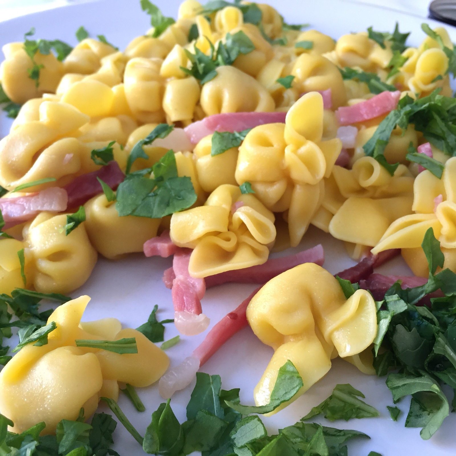 Tortellini fatti a mano con pancetta e rucola.